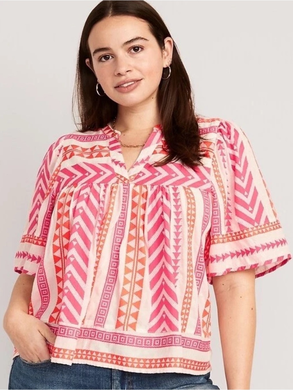 Old Navy Split Neck Textured Pink & Coral Geometric Peasant Blouse XXL